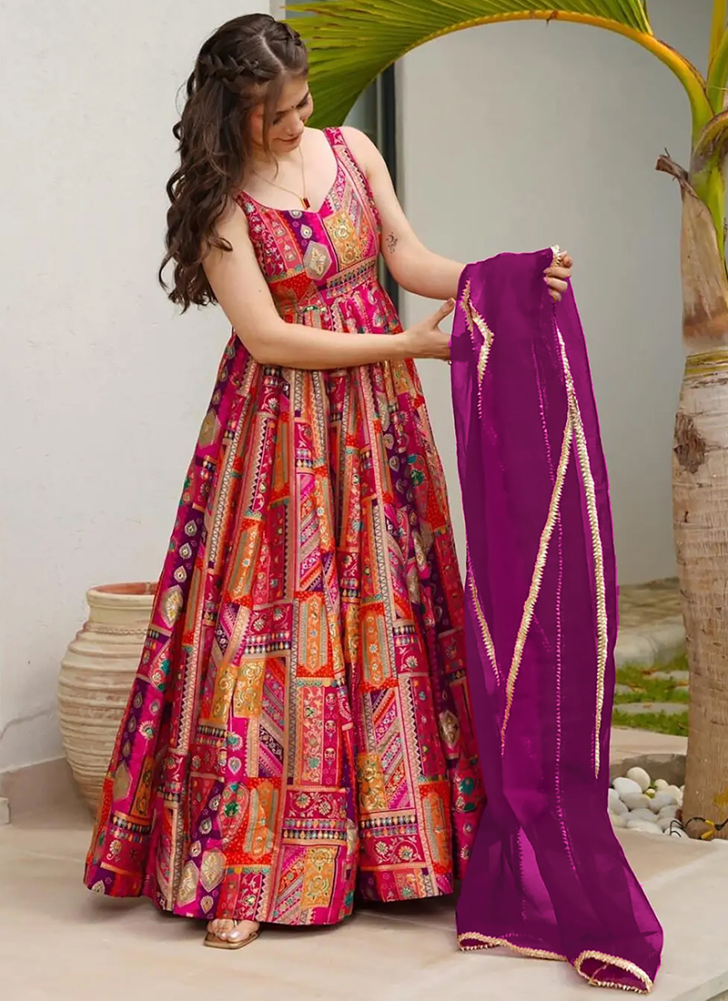 Multi Festive Wear Readymade Gown With Dupatta With Embroidery Work